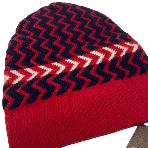 GUCCI Wool Zigzag Beanie Hat Red Size M 22cm - Picture 4 of 10